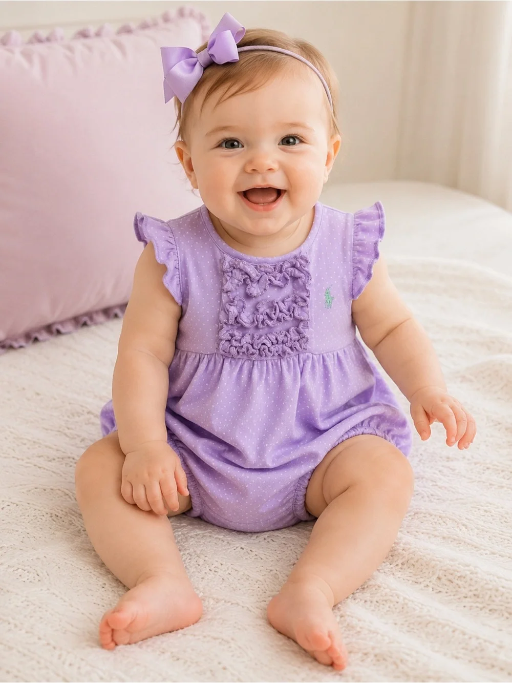 Ralph Lauren Lavender Polka Dot Ruffle Baby Romper